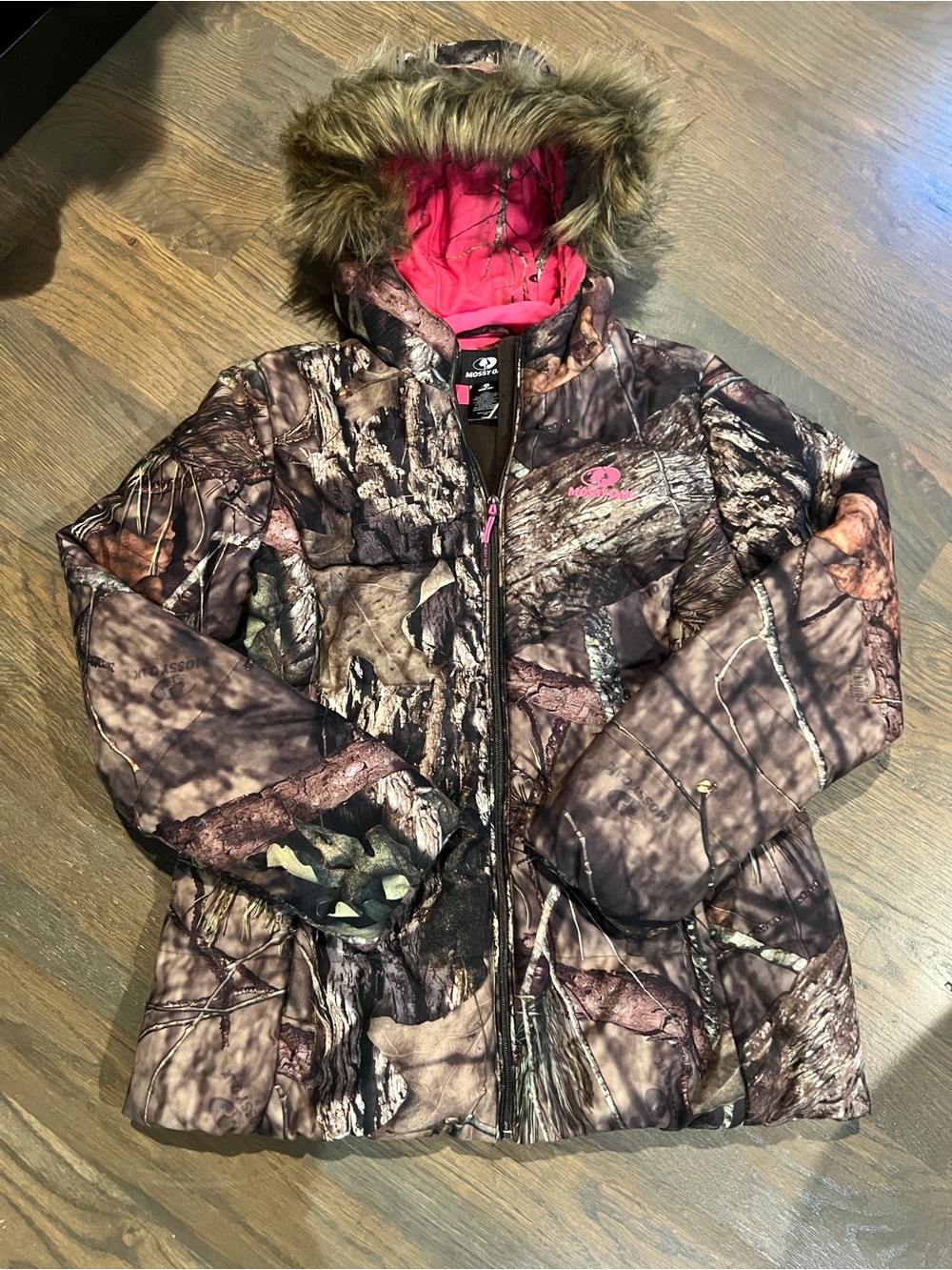 Woman’s Pink-Lined Camouflage Winter Jacket with Faux Fur Hood
